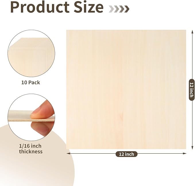 Balsa Wood, Plywood Sheet, Unfinished Basswood Blank, 12×12×1/16 in, Paint; - Image 2