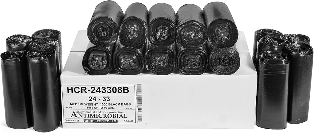 Aluf Plastics 12-16 Gallon Black Trash Bags (1000 Count) - 24" x 33" - 8 Micron Equivalent High Density Value Garbage Bags for Bathroom,Recycling(1 Pallet of 100 Cases, 100000 Bags Total)