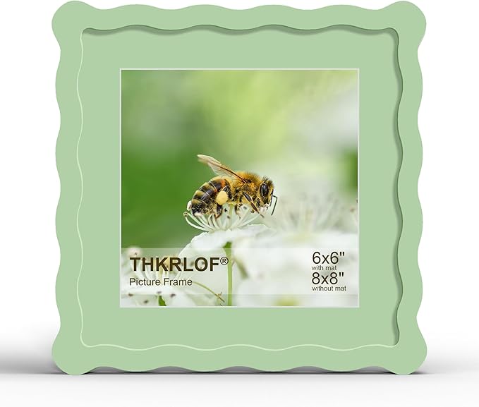 8x8 Picture Frame with Mat for 6x6, Wavy Edge Wooden Real Glass Photo Frame for by THKRLOF