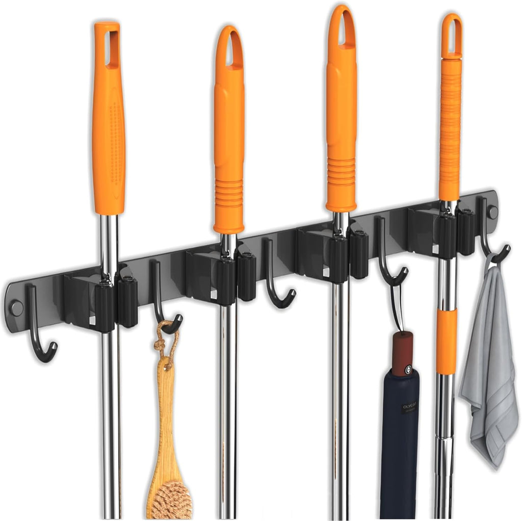 Mop and Broom Holder Wall Mount, Upgraded Broom Organizer Wall Mount, Stainless Steel Broom Hanger Wall Mount for Kitchen Garden Laundry Room Decor(4 Racks with 5 Hooks Black)