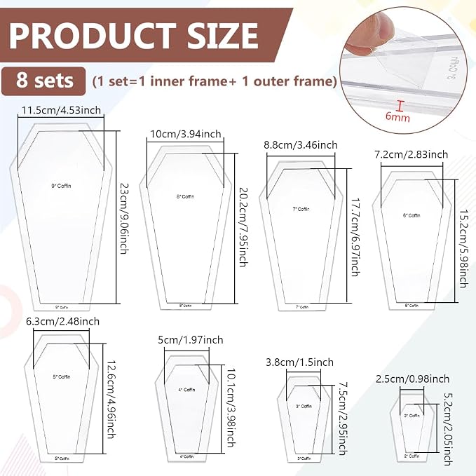 BENECREAT 16 Pcs Coffin Shaped Quilting Template, Transparent Patchwork Stencil - Image 2