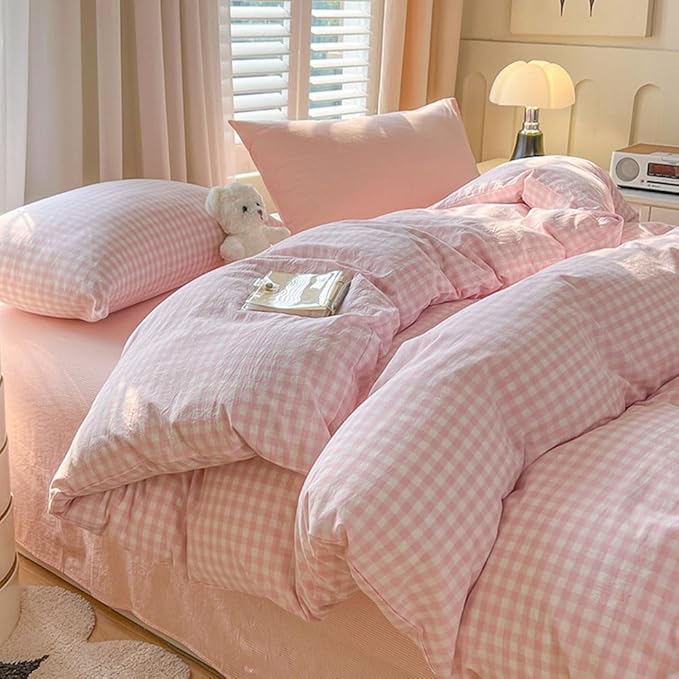 Nayoroom Gingham Duvet Cover Twin Size Pink White Plaid Checkered Comforter by Nayoroom