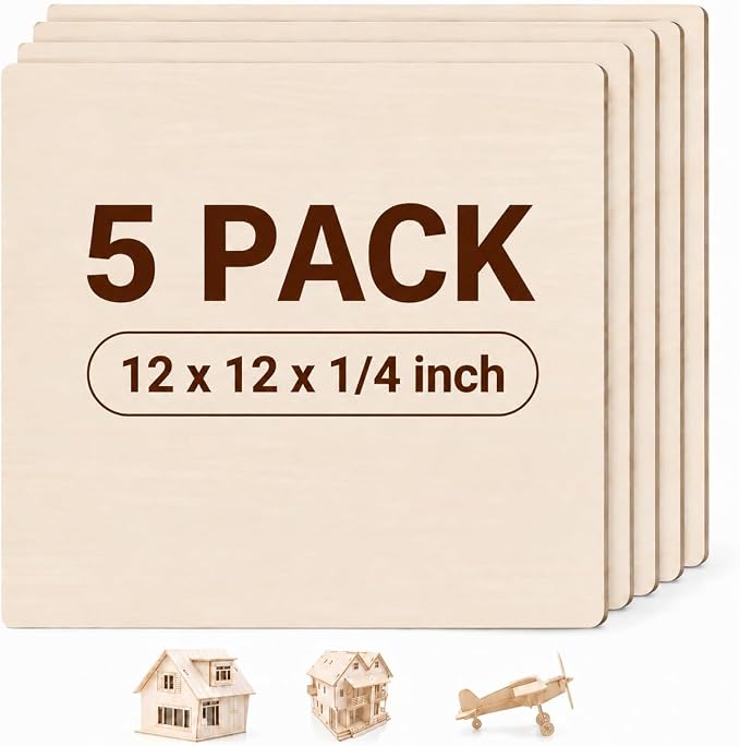 FSWCCK Unfinished Blank Square Wood Pieces, 5 Pack 6 mm 1/4" x 12" x 12" Craft by FSWCCK