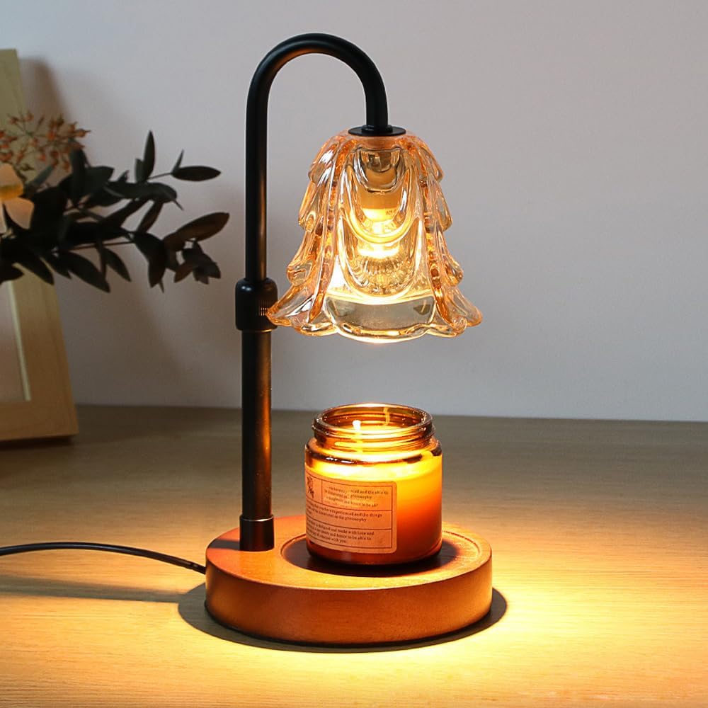 Candle Warmer Lamp with Timer and Dimmer - Adjustable Height Wax Melt Warmer, 4 Brightness Levels, 2/4/8H Timer, Wood Base & Glass Shade, Includes 2 GU10 Halogen Bulbs for Home Decor