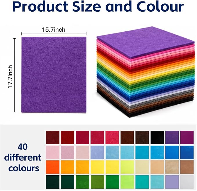 40 Pack Thin Felt Fabric Sheets 18" x 18" Assorted Colors Squares Felt Fabric - Image 3
