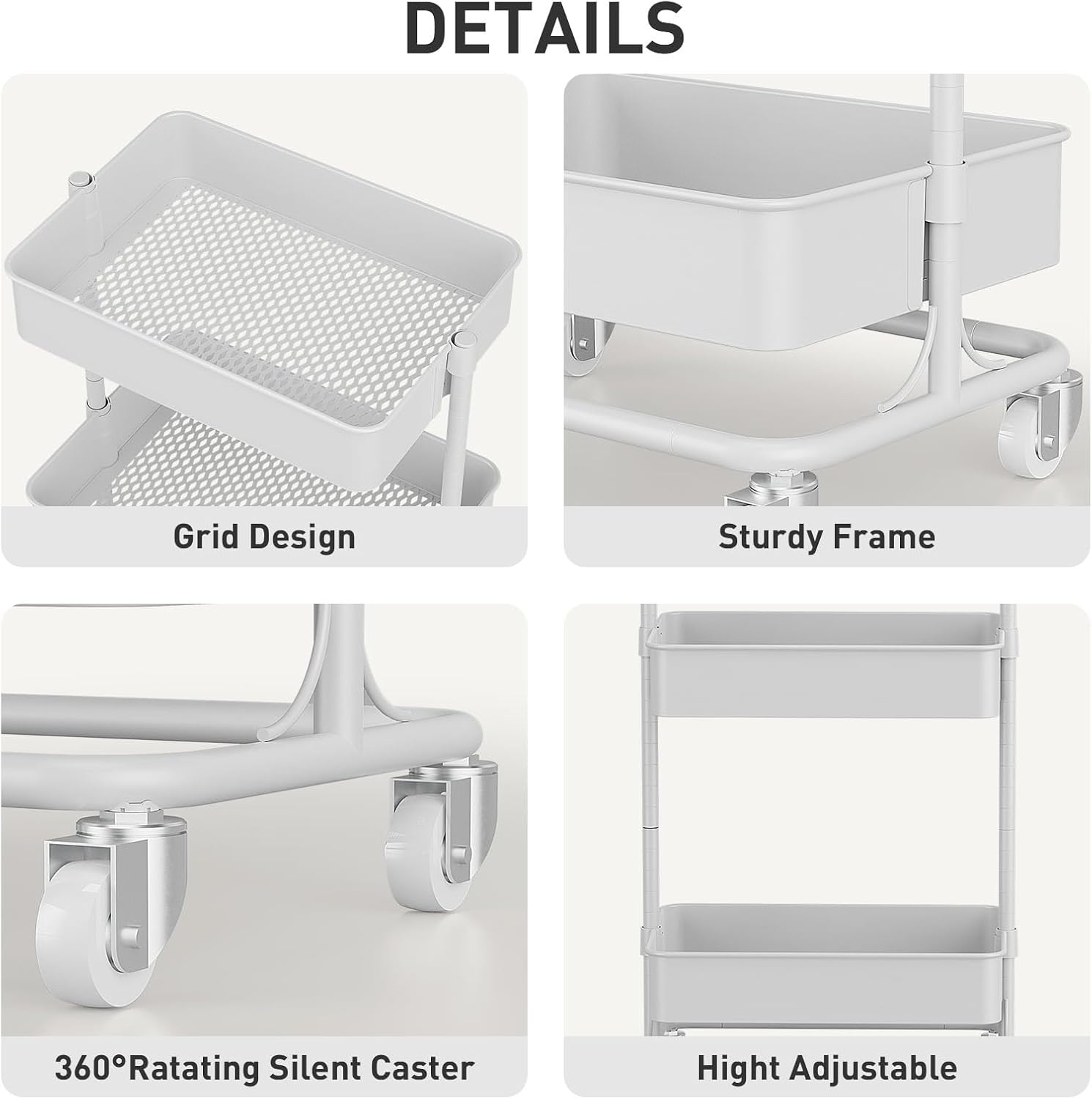 3 Tier Modern Metal Rolling Tool Cart with Silent Casters, 17.72×12.40×35.04 inch Heavy Duty Organization Truck Trolley Organizer for Office, Living Room, Kitchen, (White)