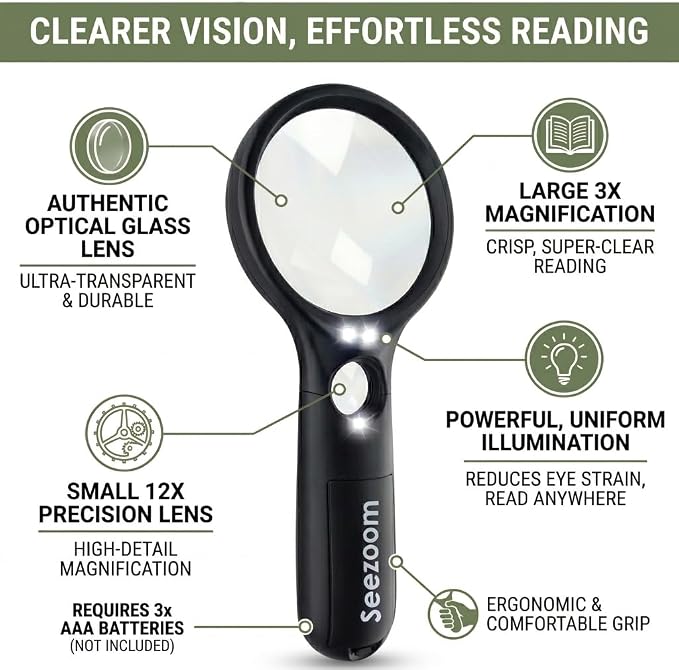 SeeZoom Magnifying Glass with Light, 3X Large Lens + 12X High Power Lens - Image 6