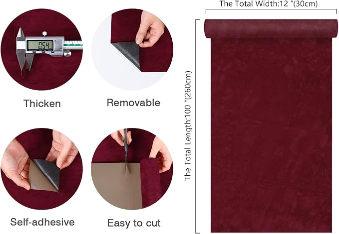 CHIHUT 12''x100'' Dark Red Self Adhesive Velvet Flocking Liner Sheet Soft - Image 8