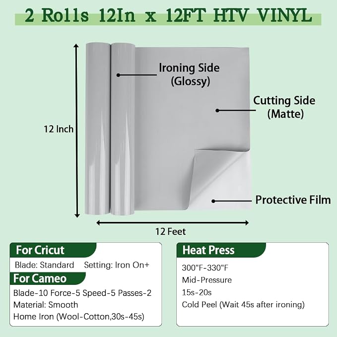 guangyintong Gray Heat Transfer Vinyl HTV Rolls, 2 Rolls 12" x 12ft Gray Iron - Image 2