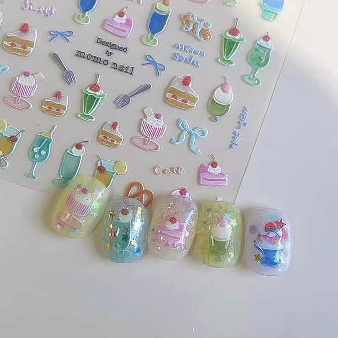 Summer Nail Art Stickers Decals Cherry Cake 5D Embossed Jelly Nail Decals 1PCS - Image 2