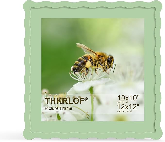 12x12 Picture Frame with Mat for 10x10, Wavy Edge Wooden Real Glass Photo Frame by THKRLOF