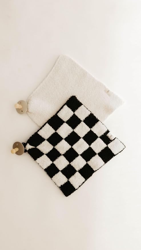 Forever French Baby | Lovey | Pacifier Holder | Lovey Baby Gifts | Boy & Girl | Ideal for Age 0 Months & Up | Microfiber Feather Yarn (Black & White Checkerboard)