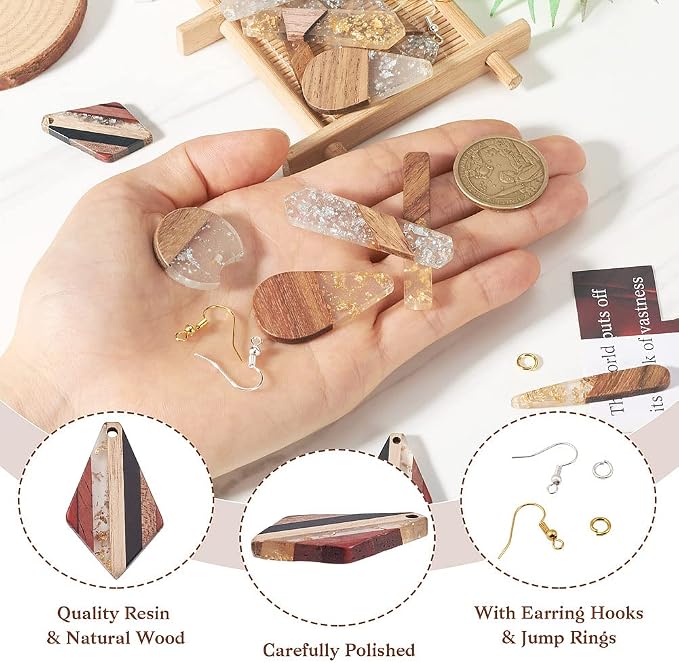 FASHEWELRY 24Pcs Gold Foil Resin Wood Earring Charms Teardrop Drop Rectangle - Image 2
