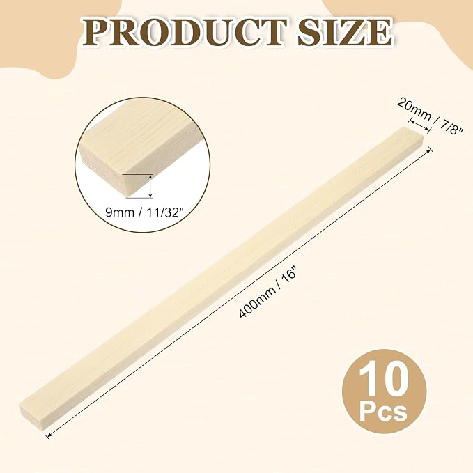 MECCANIXITY 10Pcs Wood Strips Slats, 11/32" x 7/8" x 16" Thin Wood Sticks Flat - Image 2