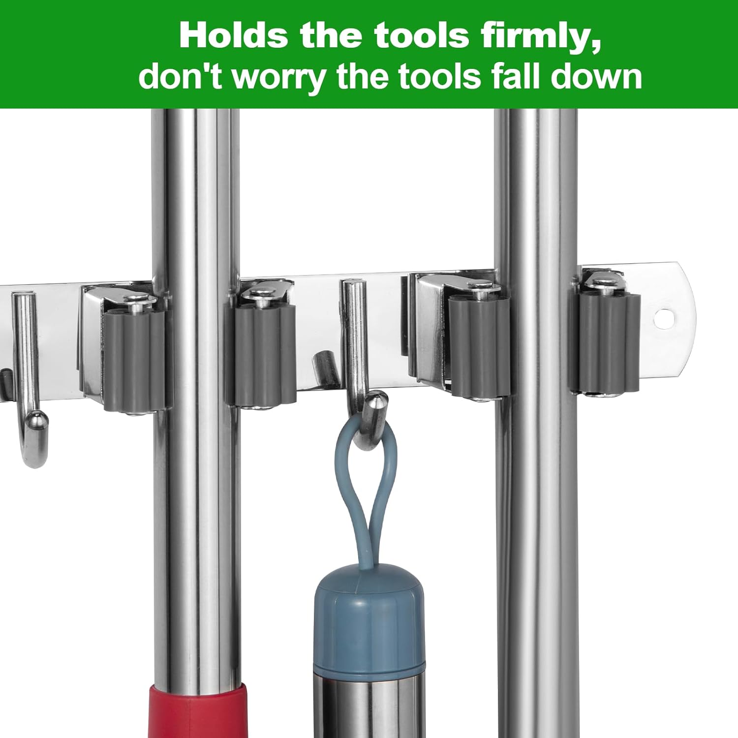 voze [2 Pack] 5 Racks and 4 Hooks Mop and Broom Holder Wall Mount, Self Adhesive Heavy Duty Broom Organizer Storage Tool Racks for Kitchen Garden Laundry Garage, Silver