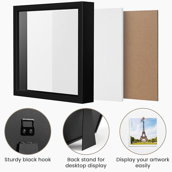 Black 8×8 Shadow Box Display Frame, Premium Linen Backboard and Included - Image 6
