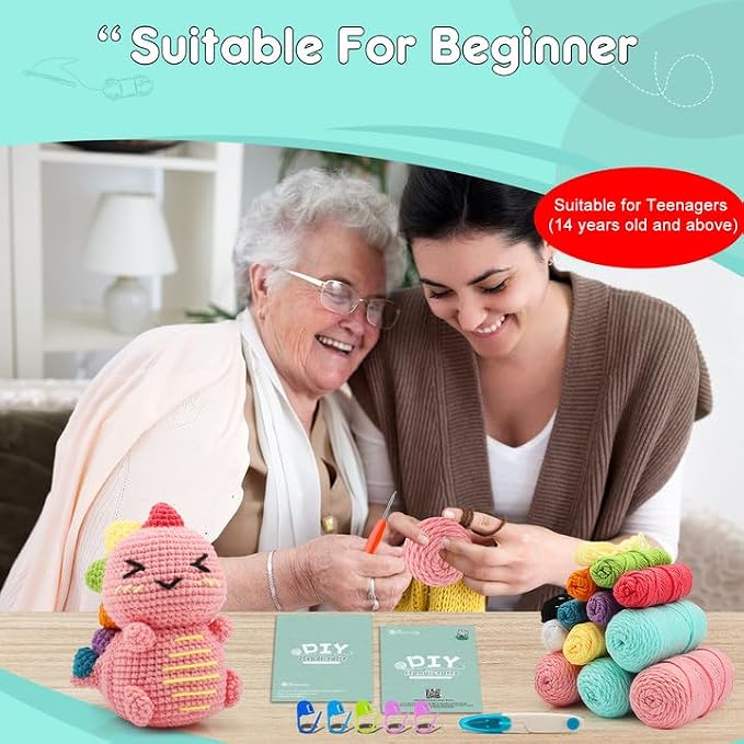 Faircosy Dinosaur Crochet Kit for Beginners: 2PCS Crochet Animal Kits for Adults - Image 7