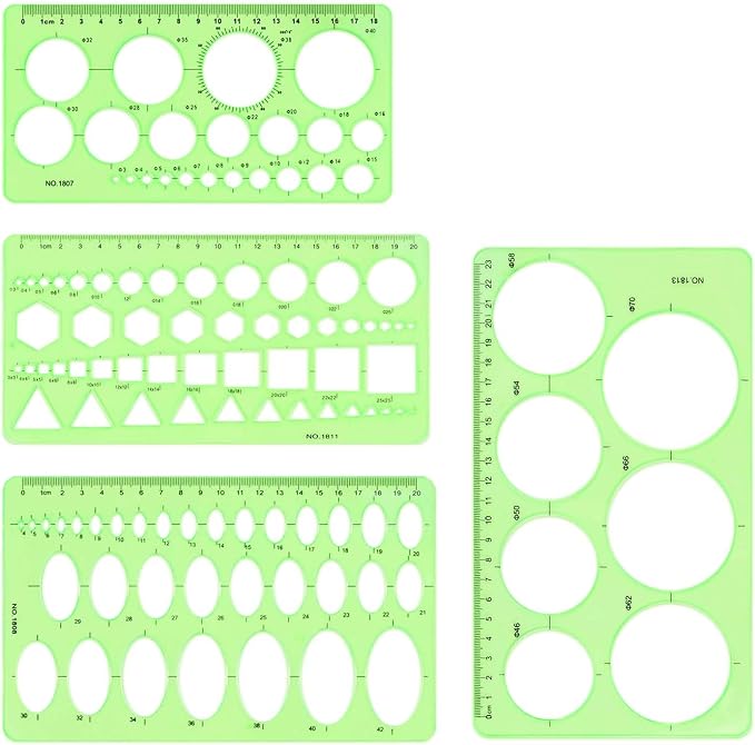 4 Pcs Drawing Template Drafting Stencil Ruler Circle and Oval Templates Plastic by Unknown