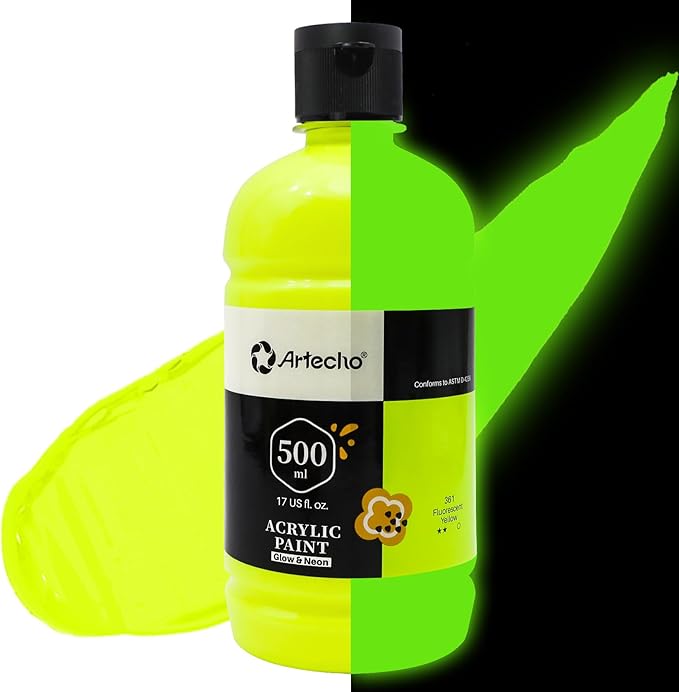 Artecho Yellow Glow in the Dark Acrylic Paint 500ml / 17oz Large Bottle | Semi by Artecho