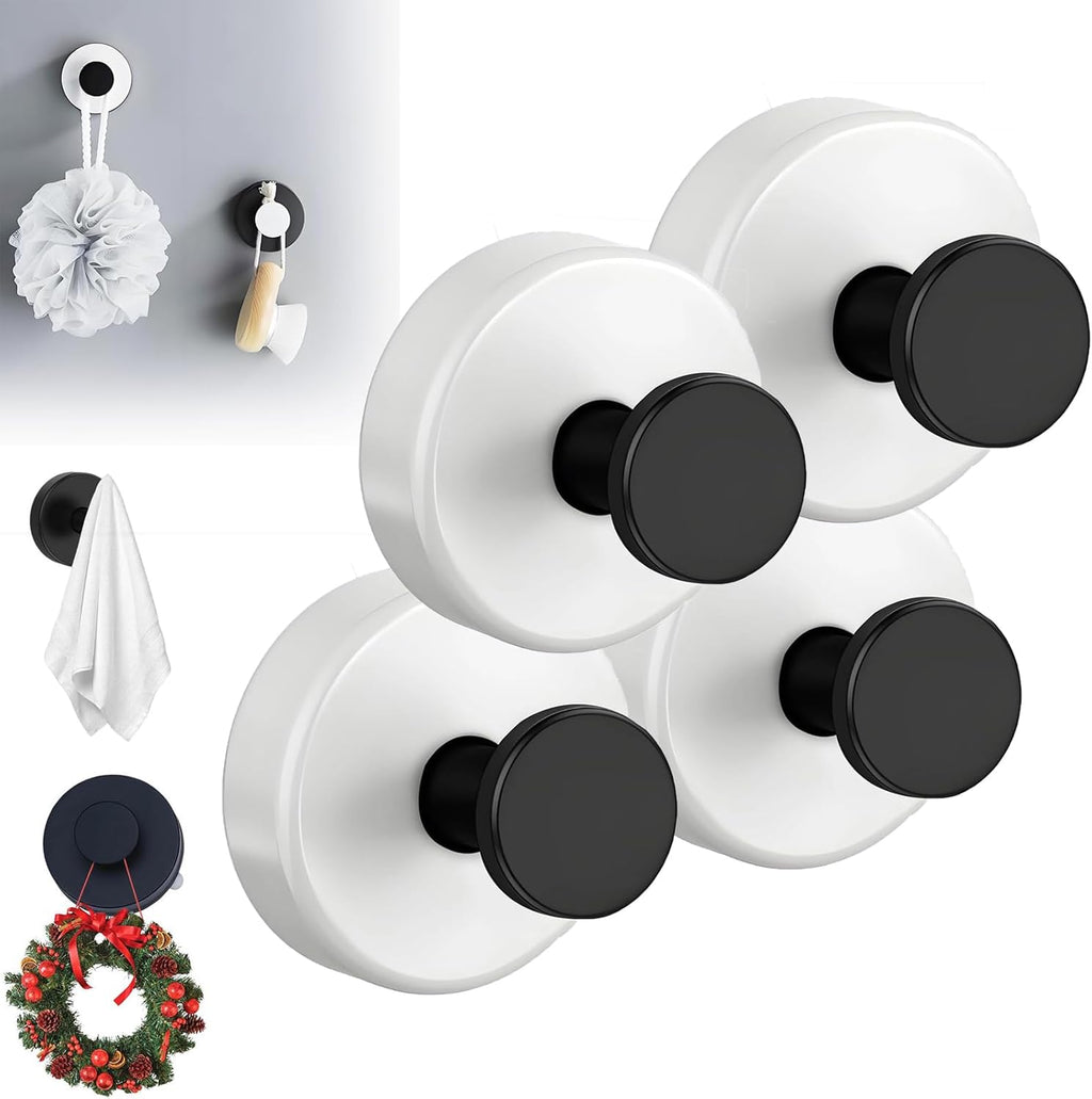 Suction Cup Hooks for Wreaths, 2025 New No Drill Suction Cup Hooks on Glass, Wreath Hanger for Front Door, Rustproof Hook Holder Towel Hook for Window Bathroom Mirrors Tile (4, White A)