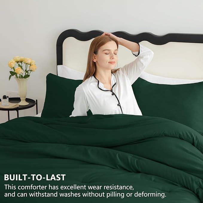 CozyLux Dark Emerald Green Queen Comforter Set, 3 Pieces Solid Breathable - Image 2