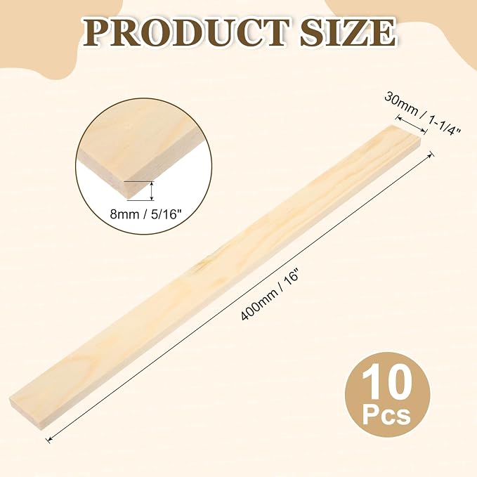MECCANIXITY 10Pcs Wood Strips Slats, 5/16" x 1‑1/4" x 16" Thin Wood Sticks Flat - Image 2