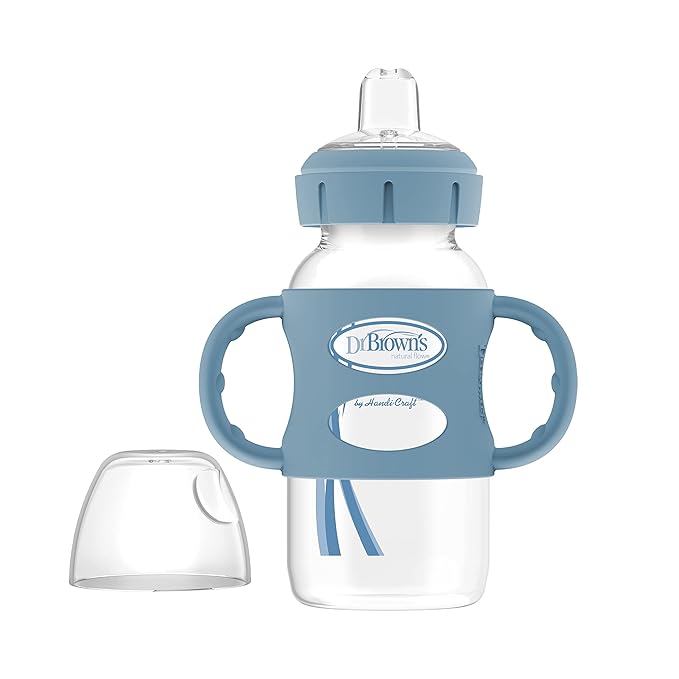 Dr. Brown's Milestones Wide-Neck Sippy Spout Bottle with 100% Silicone Handles, Easy-Grip Handles with Soft Sippy Spout, 9oz/270mL, Light-Blue & Gray, 2-Pack, 6m+
