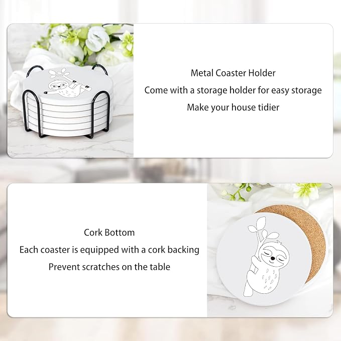 6 Absorbent Ceramic Tiles with Cork Base, Paint Your Own Sloth Coaster | Arts - Image 6