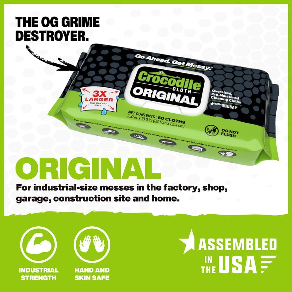 Crocodile Cloth Original Cleaning Wipes – 50 (15” x 10”) Hand & Tool Industrial Cleaning Wipes – Large Multi-Surface Cleaning Cloths, Water-Based Solution with Extreme Cleaning Power — Safe on Skin