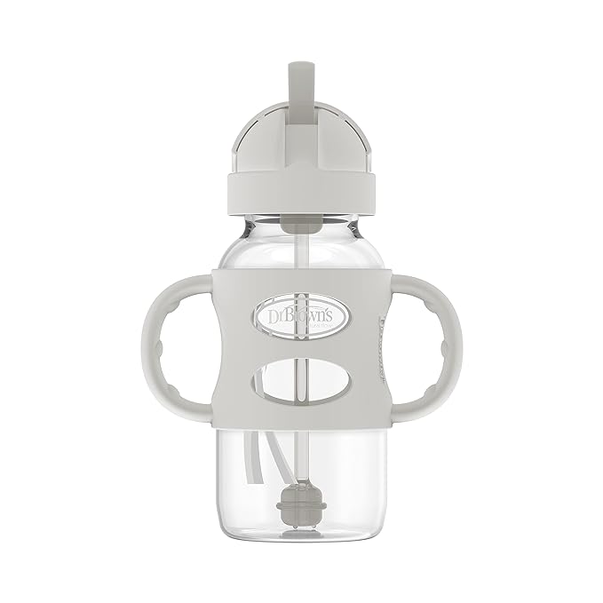 Dr. Brown's Milestones Wide-Neck Sippy Straw Bottle with 100% Silicone Handles and Weighted Straw, 9 oz/270 mL, Gray & Pink, 6m+, 2 Count (Pack of 1)