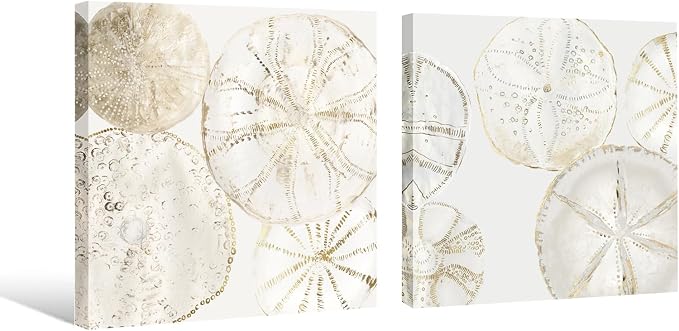2 Pieces Coastal Wall Art Sea Shell Sand Dollar Painting Modern Abstract Gold - Image 2