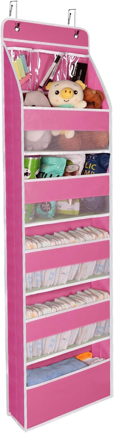 Univivi 6-Shelf Over Door Hanging Organizer Fabric Baby Door Storage with 5 Large Pockets and 3 Small PVC Pockets Wall Mount Hanging Storage Organizers for Baby Essential (Pink)