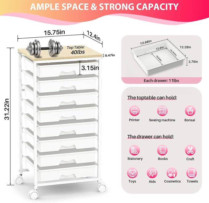 Goovilla Rolling Cart with Drawers, Utility Cart Organizer With 8 Removable - Image 2