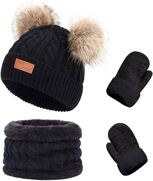Duoyeree Baby Winter Hat Scarf Glove Beanie Set Girls Boys Pom Pom Knitted Beanie Mitten Scarves for Toddler 0-3T