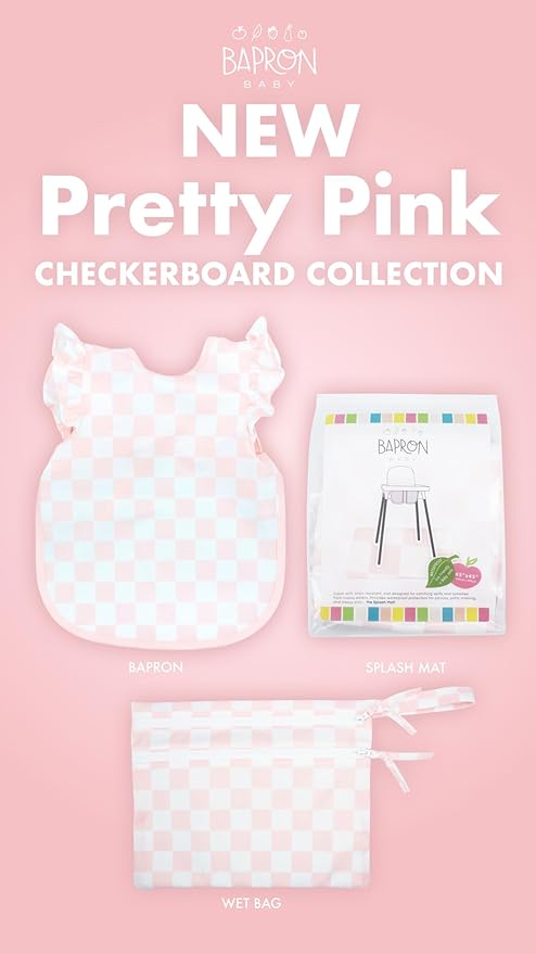 BapronBaby Pink Flutter Checkerboard Bapron - No Neck Tie Safer Bib for Baby & Toddler - Soft Waterproof Stain Resistant - Machine Washable - Sz Baby/Toddler 6m-3T