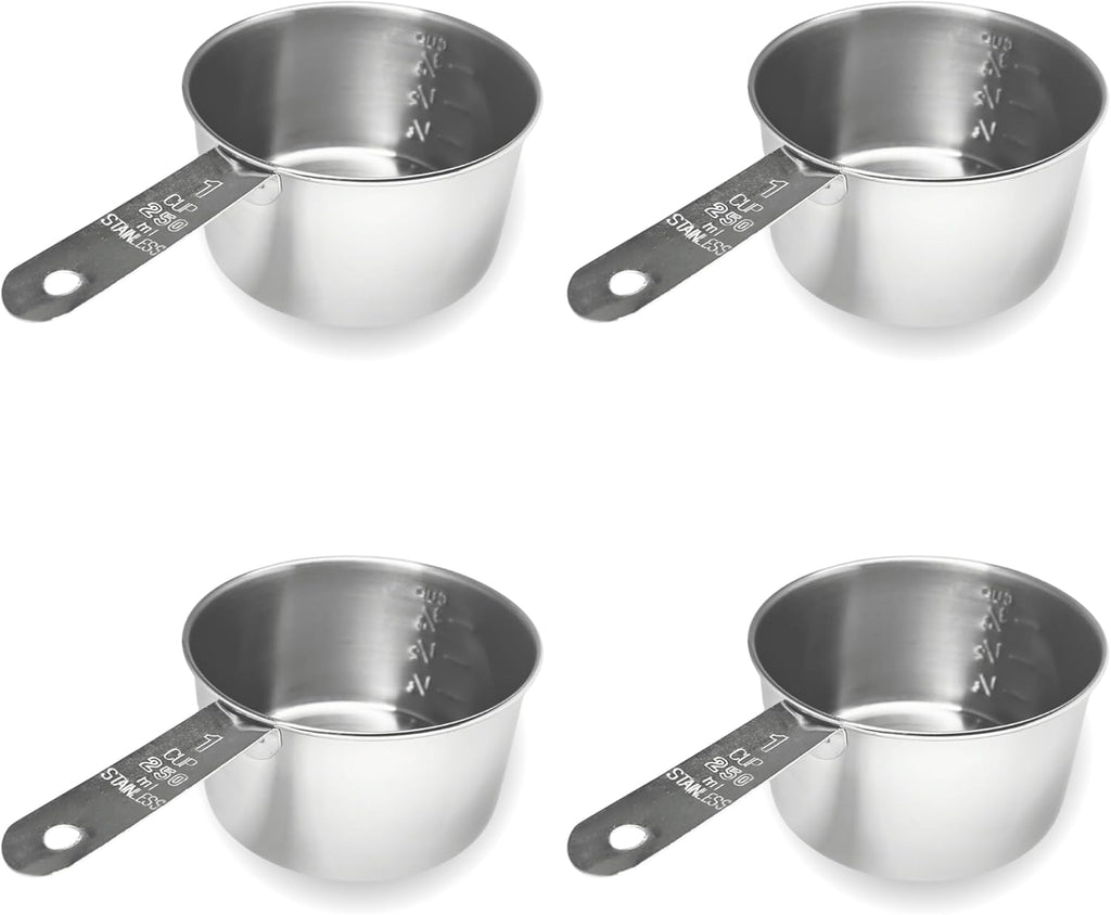 1 Cup Stainless Steel Measuring Cup | Sturdy Metal 250 ml | 240 cc | 8 oz | Single Cup for Wet and Dry Ingredients | Great for use as 1 Cup Dog Food Scoop - 4 PK