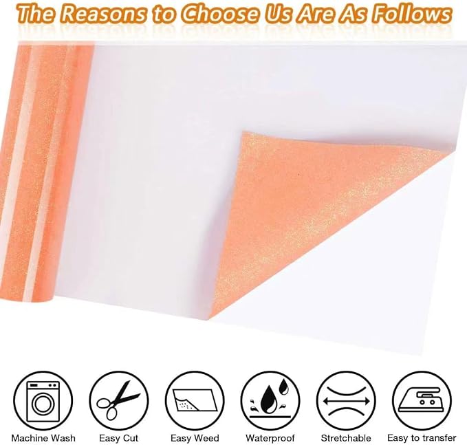 TORC Orange Pink Glitter HTV Vinyl Roll 12" x 6 ft, Sparkly Iron On Heat - Image 2
