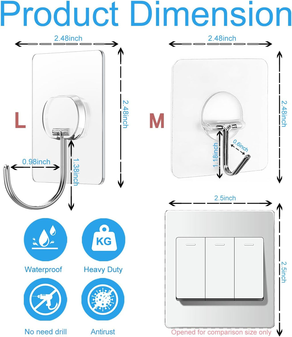 Large Adhesive Hooks for Hanging Heavy Duty Wall Hooks Self Adhesive Towel Coat Hooks Waterproof Transparent Hook for Bathroom Shower Kitchen Keys Door Outdoor Home Improvement Utility Hook 12 Pack