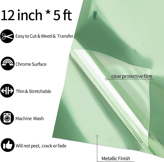 VINYL FROG Mint Green Metallic Foil HTV Vinyl Roll 12" x5ft Mint Green Chrome - Image 2
