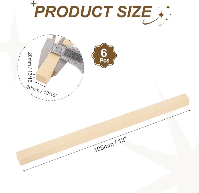 MECCANIXITY 6Pcs Basswood Sticks, 13/16" x 13/16" x 12" Square Wooden Dowel - Image 2