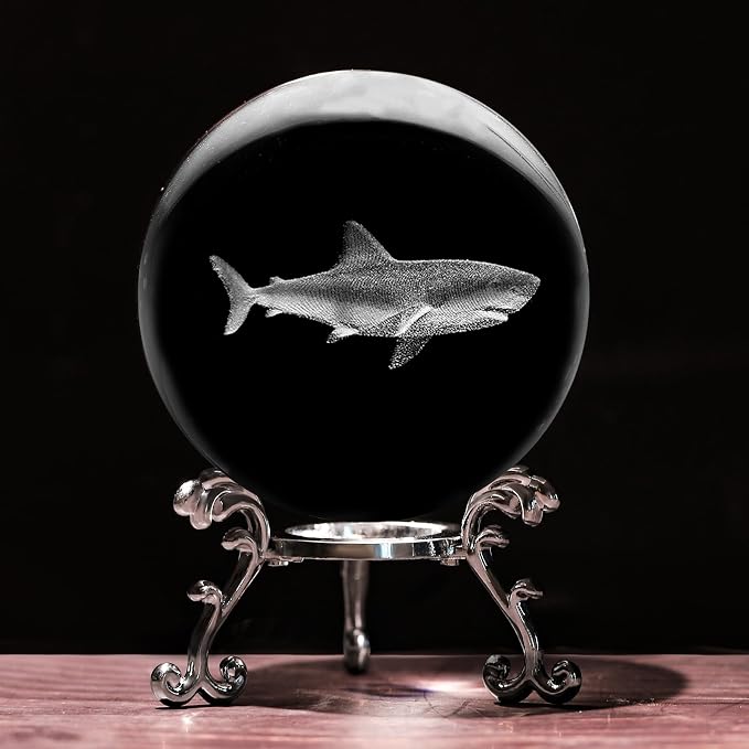 3D Shark Crystal Ball with Stand Lase Engraved Glass Sphere Paperweight Shark by Unknown
