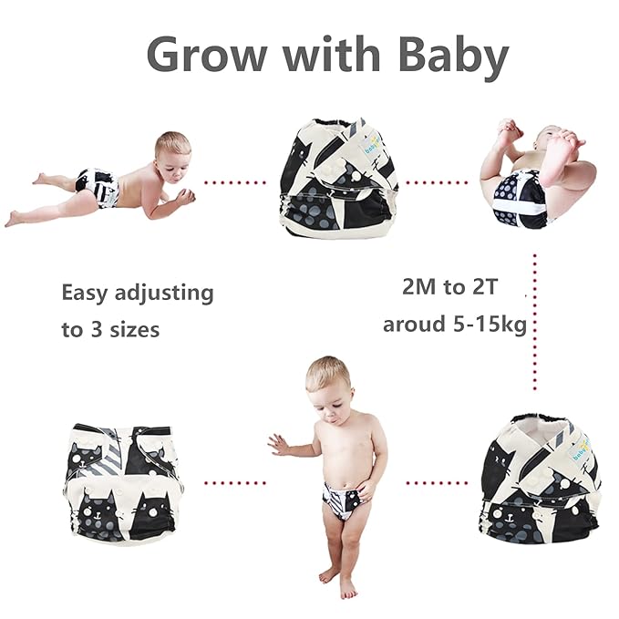 Babygoal Reusable Neutral Cloth Diapers 6 Pack with 10pcs Inserts, One Size Adjustable Washable Pocket Nappy Covers for Baby Boys and Girls 6FN06