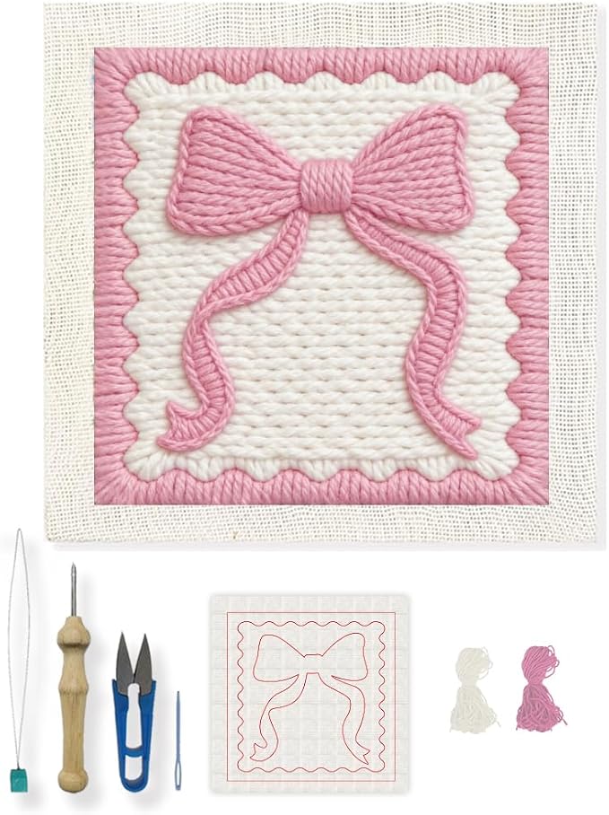 INFUNLY Pink Bow Punch Needle Embroidery Kit 9.4" DIY Punch Embroidery Kit by INFUNLY