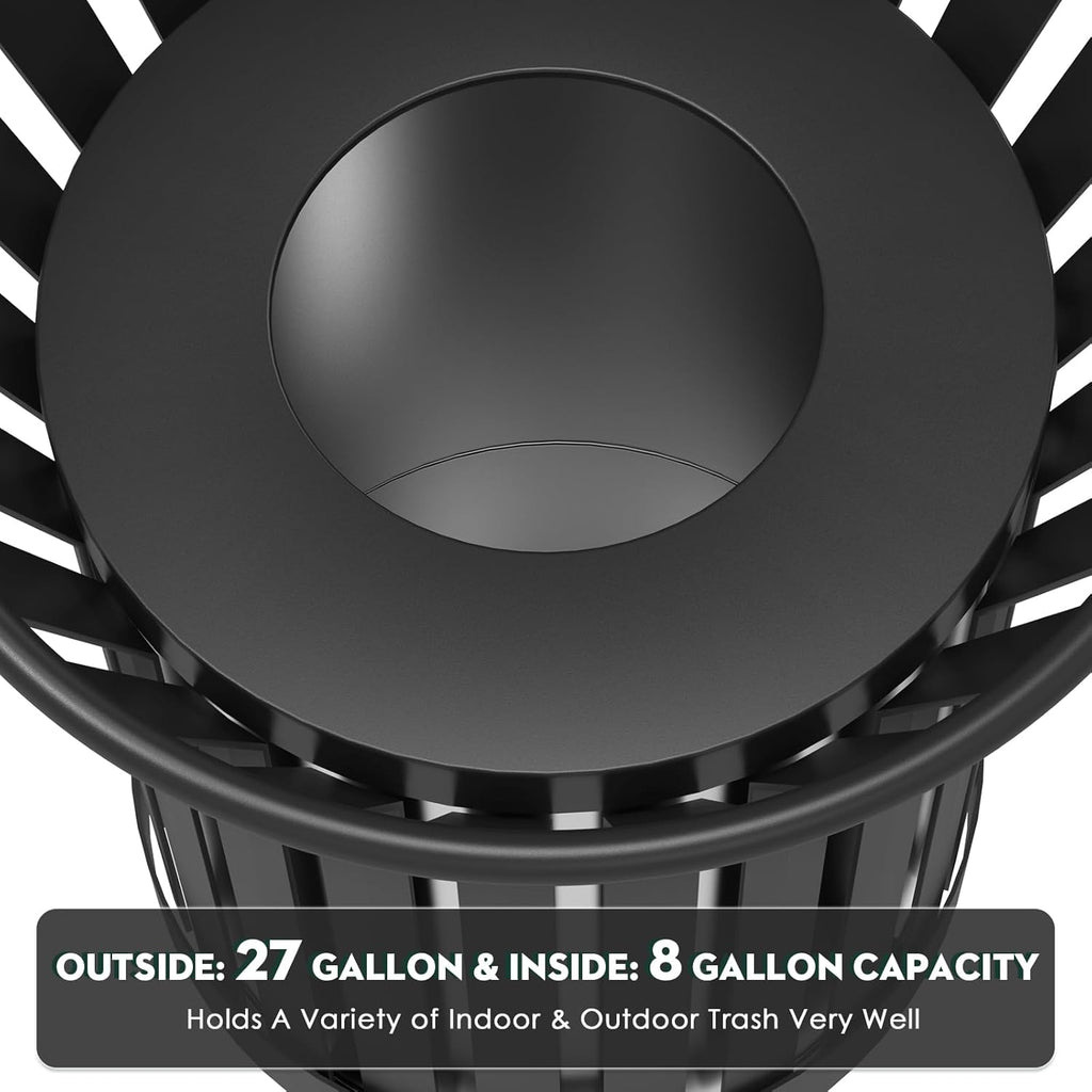 8Gallon Round Large Outdoor Trash Can, Heavy Duty Metal Slatted Garbage Can Outdoor, All Weather Resistant Commercial Garbage Cans, Waste Receptacle in Park, School, Beach, Patio (Black, Medium)