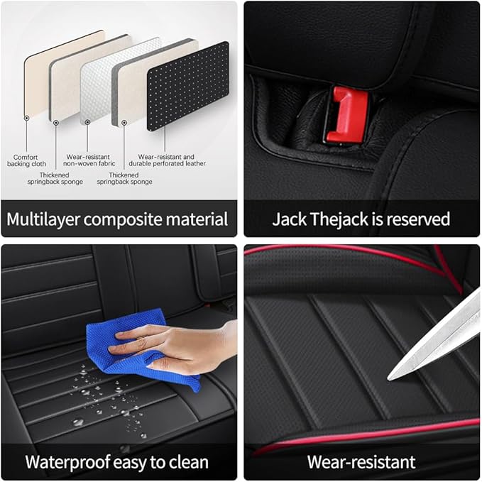 Leather Seat Cover for Ford Edge 2010-2026,Waterproof Soft Seat Covers,Interior Accessories Seat Covers Cushion Vehicle Protector Airbag Compatible(Black&Red,Full Set with Pillow)