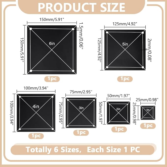 6 PCS 6 Size Square Quilting Template Set 1-6" Black Acrylic Quilting Templates - Image 2