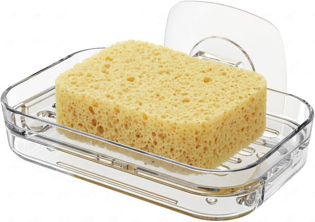 Toro Adhesive Sponge Holder for Kitchen Sink with Drain Tray, Clear PET Wall-Mounted Sponge Caddy