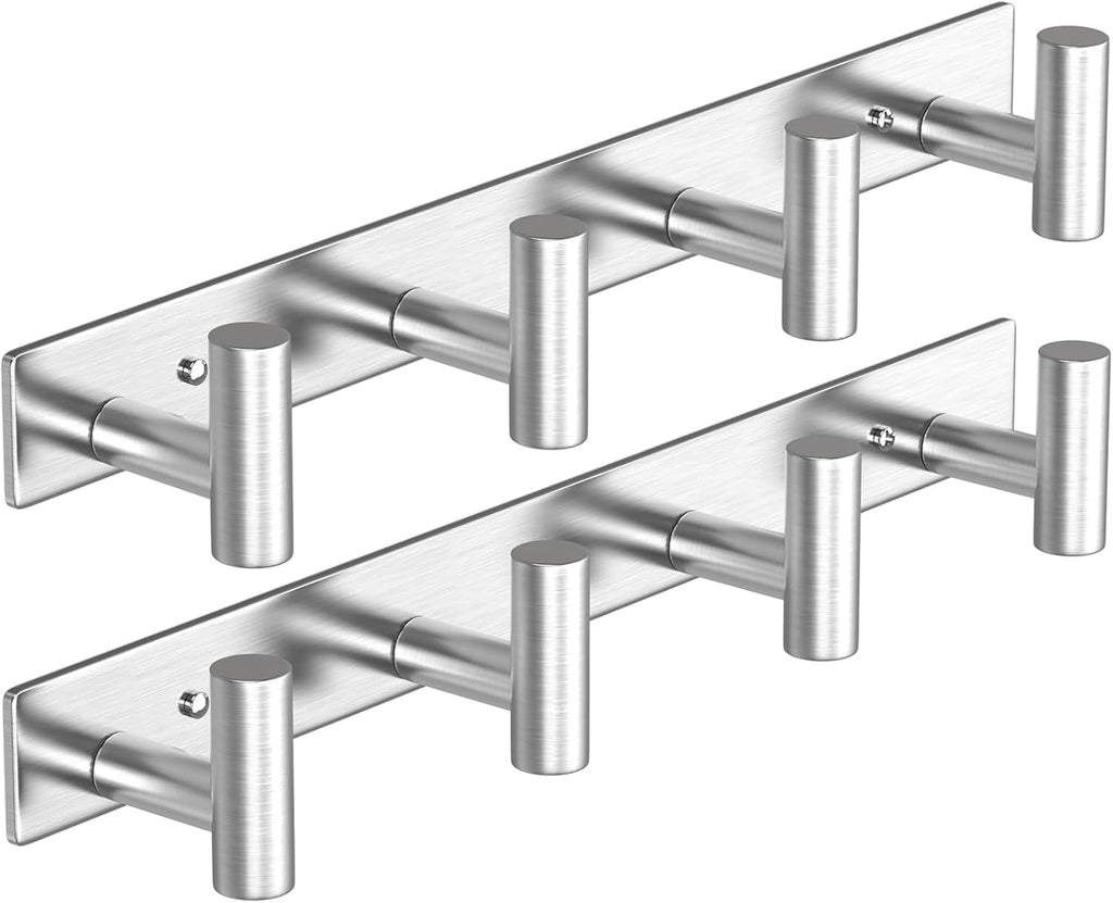 VAEHOLD Silver Hat and Coat Wall Mount Rack - Coat Rack with 4 Hooks for Robes, Bags, Keys, and Towels - Bathroom Towel Hanger Organizer (2 Pack)