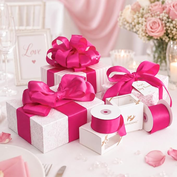 HUIHUANG Hot Pink Satin Wired Ribbon 2.5 inch Fuchsia Pink Wire Edge Ribbon - Image 3