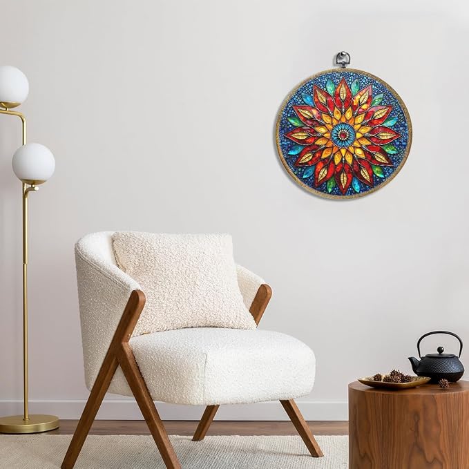 Colorful Geometric Mandala Framed Round Wall Decor Canvas Wall Art Hanging - Image 3